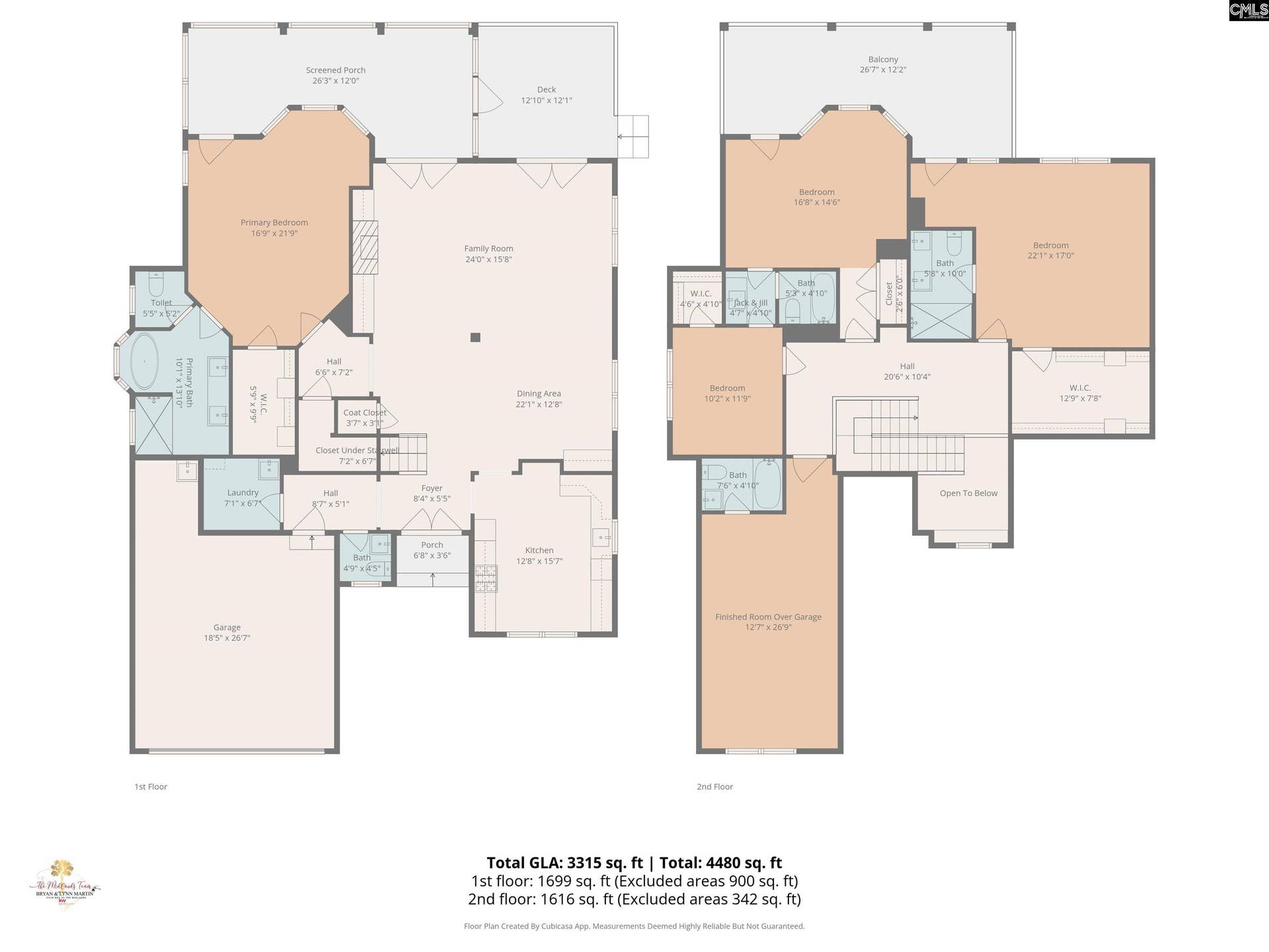 Two-story floor plan highlights the spacious layout, room placement & flow throughout the home.
