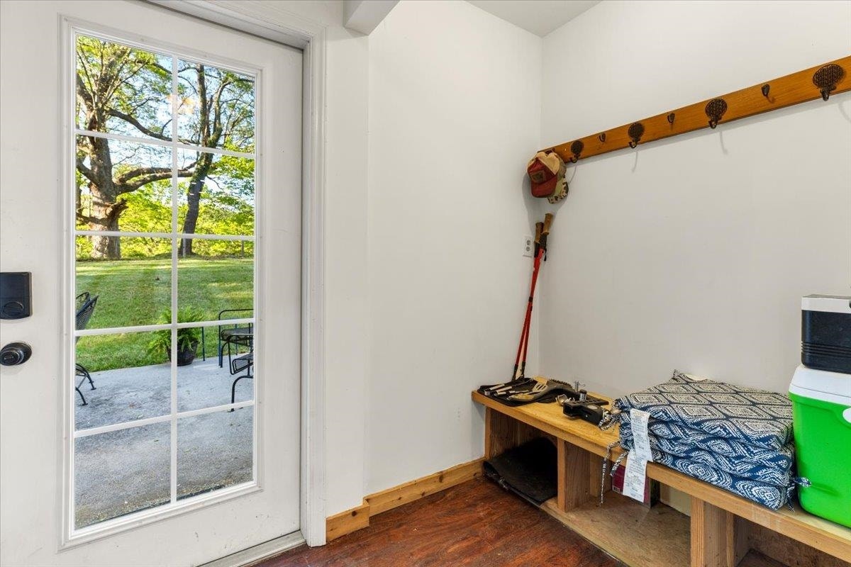 Mudroom between garage and door to backyard.